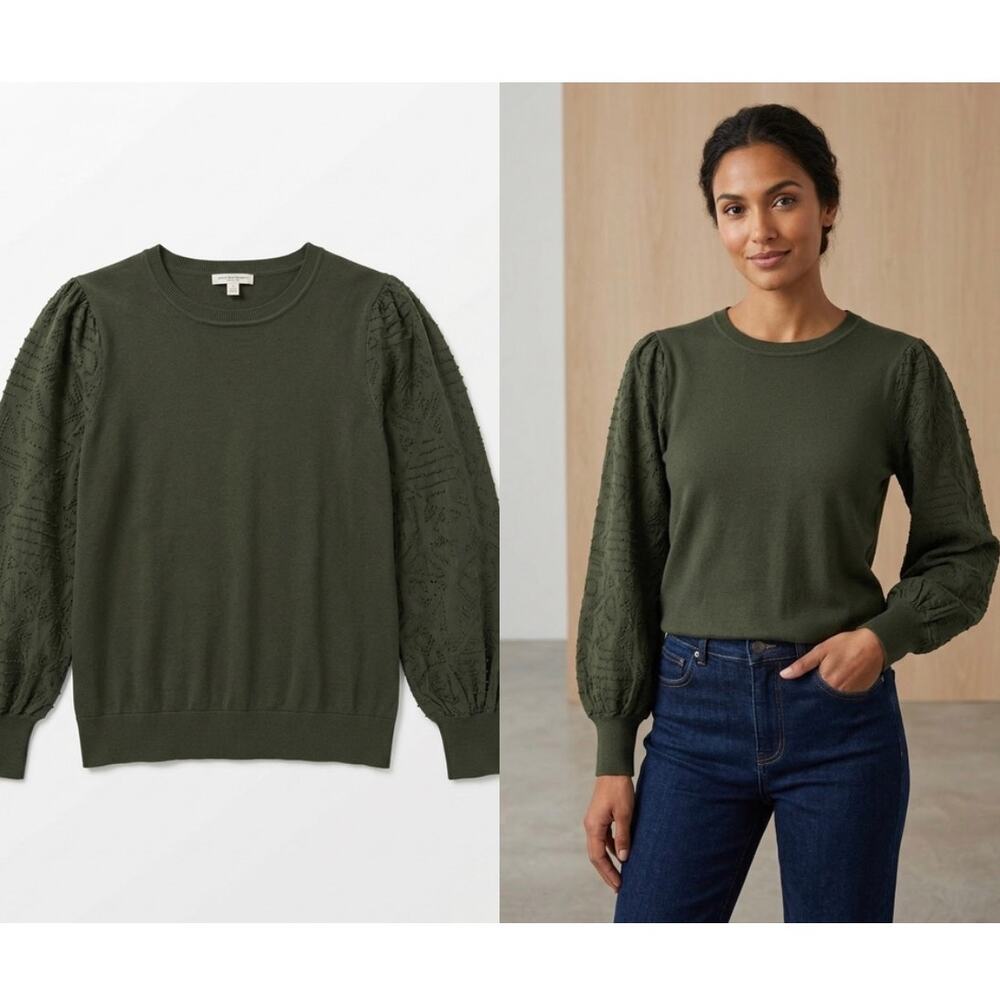 Rio & Rian NY Olive Green Mixed Media Knit Top Puff Sleeve Large